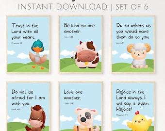 May include: Set of six printable wall art prints featuring colorful illustrations of farm animals and bible verses. The verses include: Trust in the Lord with all your heart, Be kind to one another, Do to others as you would have them do to you, Do not be afraid for I am with you, Love one another, and Rejoice in the Lord always. I will say it again: Rejoice!