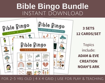 Set di pacchetti bingo biblico, bingo biblico per bambini piccoli, stampabile della Scuola Domenicale, gioco biblico per bambini, gioco della chiesa per bambini, attività prescolari