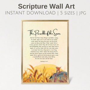Parabola dell'arte della parete del seminatore, arredamento della parete del paese, download digitale dell'arte della parete del versetto della Bibbia, appeso a parete delle Scritture, vivaio della natura stampabile