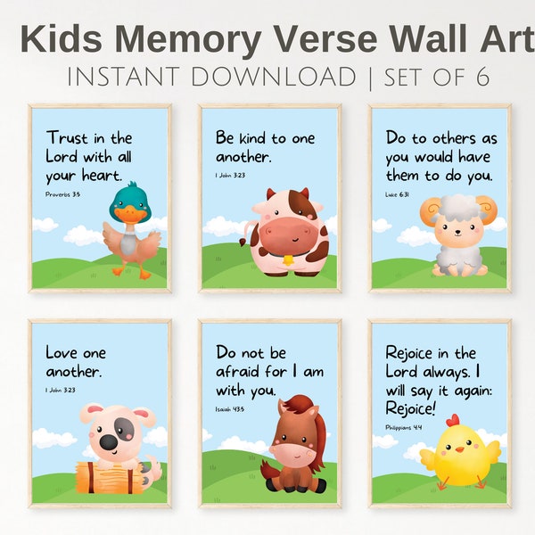 Set of 6 bible verse wall art, short memory verses for kids, Sunday school decor, Christian playroom poster, farm animal nursery decor