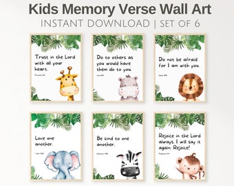 Set di 6 versetti della Bibbia da appendere alla parete, semplici versetti da ricordare per bambini, decorazioni per la scuola domenicale, stampabili per l&#39;educazione cristiana, stampa artistica per bambini nella giungla