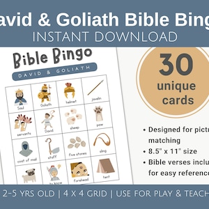 David & Goliath Bible Bingo, Bible bingo for preschoolers, Sunday School lesson printable, Bible game for kids, Bingo cards instant download