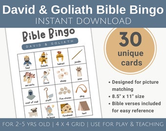 Bingo bíblico de David y Goliat, bingo bíblico para niños en edad preescolar, lección de escuela dominical imprimible, juego bíblico para niños, descarga instantánea de tarjetas de bingo