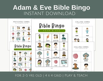 Jogo de cartas de bingo bíblico Adão e Eva, atividade bíblica para crianças em idade pré-escolar, atividade do Jardim do Éden de Gênesis, imprimíveis para educação domiciliar, jogo bíblico para crianças
