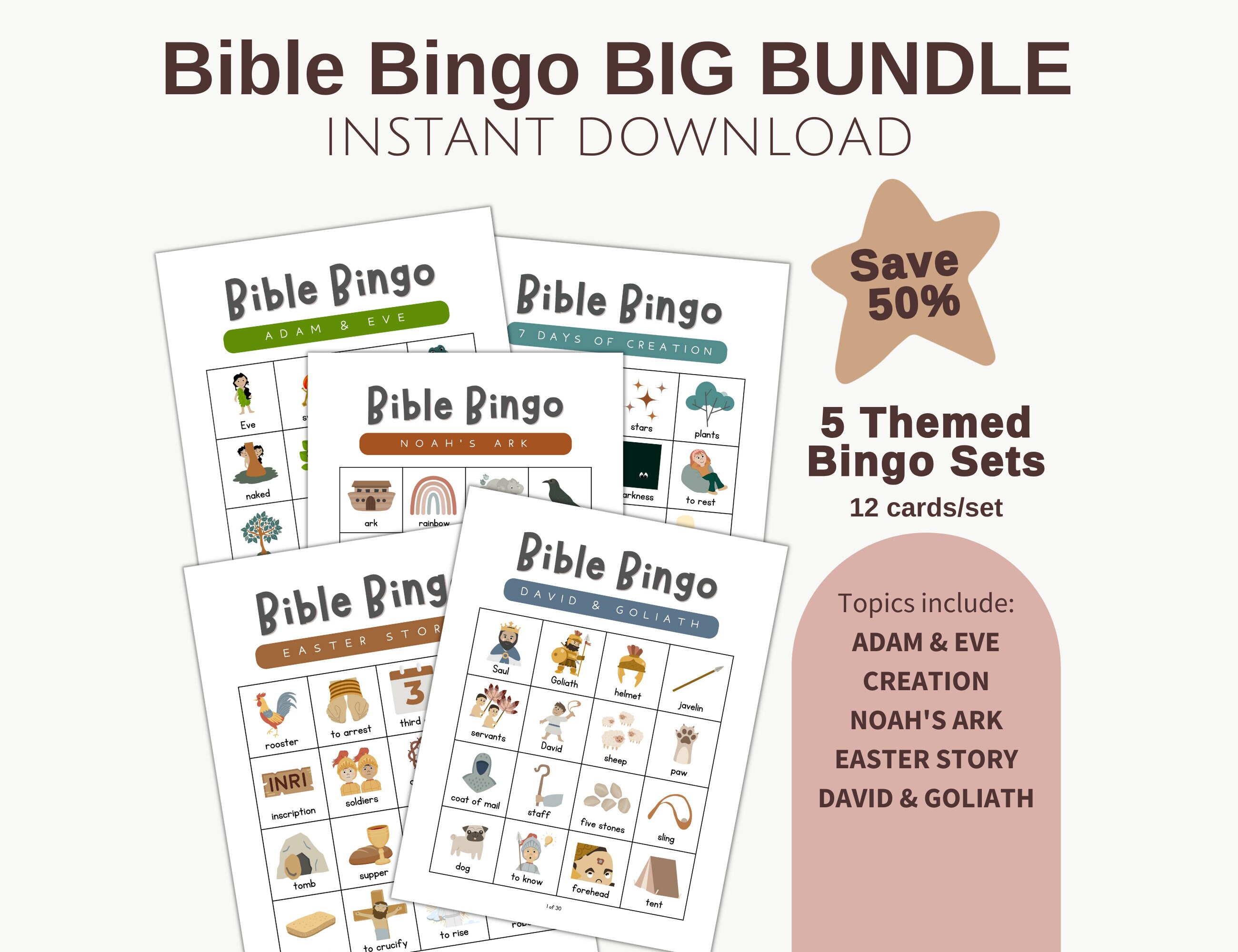 Bingo biblico BIG BUNDLE, lezione di scuola domenicale per bambini piccoli, attività bibliche per bambini in età prescolare, arca di Noè, Adamo ed Eva, Davide e Golia