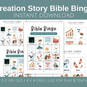 7 Days of Creation Bingo Game, Bible bingo cards for toddlers, Genesis Sunday School printable, Bible game for kids, Kids church activities