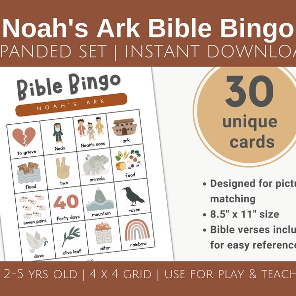 Noah's Ark Bingo Card expanded set, Bible bingo for toddlers, Genesis Sunday School printable, Bible game for kids, preschool activities