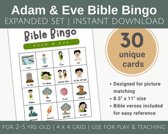 Adam & Eve Bingo Card expanded set, Bible bingo for toddlers, Genesis Sunday School printable, Bible game for kids, preschool activities