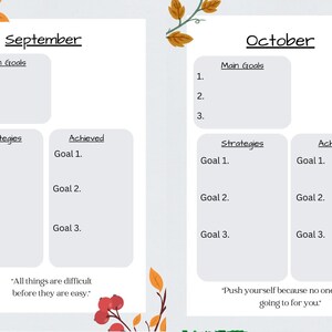 Könnte beinhalten: Ein druckbarer Zielsetzungs-Planer mit Herbst-Thema. Der Planer ist in zwei Abschnitte unterteilt: September und Oktober. Jeder Abschnitt bietet Platz für Hauptziele, Strategien und erreichte Ziele. Der Planer enthält die Zitate "Alles Schwierige ist einfach, bevor es einfach ist." und "Fordere dich selbst heraus, denn niemand sonst wird es für dich tun."