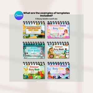 Puede incluir: Imagen que muestra seis libros interactivos con diferentes temas, incluyendo construcci&oacute;n, princesa, robot, animales, dinosaurio y sirena. Cada libro tiene una encuadernaci&oacute;n en espiral e ilustraciones coloridas. Tambi&eacute;n se ve el texto "What are the examples of templates Included?"