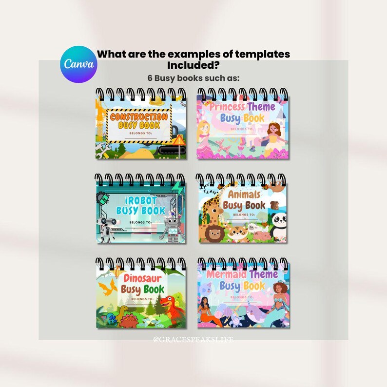 Puede incluir: Imagen que muestra seis libros interactivos con diferentes temas, incluyendo construcci&oacute;n, princesa, robot, animales, dinosaurio y sirena. Cada libro tiene una encuadernaci&oacute;n en espiral e ilustraciones coloridas. Tambi&eacute;n se ve el texto "What are the examples of templates Included?"