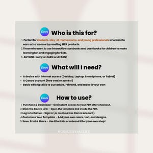 Puede incluir: Un gr&aacute;fico blanco con texto sobre el uso de Canva para revender productos, crear libros interactivos y personalizar plantillas. El texto incluye "&iquest;Para qui&eacute;n es esto?", "&iquest;Qu&eacute; necesito?" y "&iquest;C&oacute;mo usar?" con logotipos de Canva.