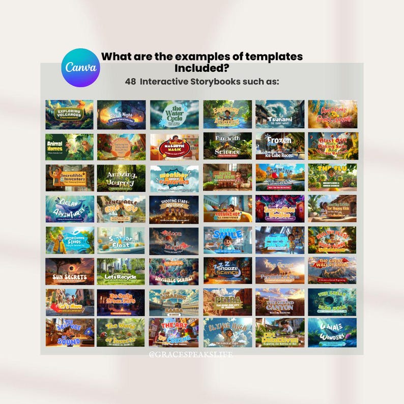 Puede incluir: Un gr&aacute;fico de Canva con el texto "&iquest;Cu&aacute;les son los ejemplos de plantillas incluidas?" y "48 libros de cuentos interactivos como:" seguido de una cuadr&iacute;cula de im&aacute;genes de portadas de libros coloridas. El logotipo de Canva est&aacute; en la esquina superior izquierda.