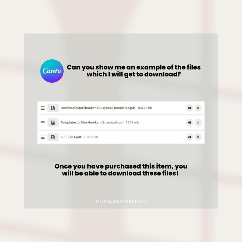Puede incluir: Ejemplo de producto digital de Canva, que muestra archivos descargables: HowtoeditStorybookandBusybookTemplates.pdf, TemplatesforStorybookandBusybook.pdf y FREEGIFT.pdf. El texto indica que estos archivos est&aacute;n disponibles despu&eacute;s de la compra.