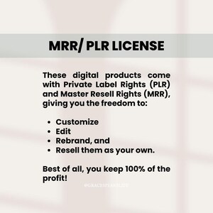 Puede incluir: Imagen con el texto "MRR/PLR LICENSE". El texto describe productos digitales con derechos de etiqueta privada (PLR) y derechos de reventa maestra (MRR), lo que permite la personalizaci&oacute;n, edici&oacute;n, cambio de marca y reventa. Tambi&eacute;n indica que conservas el 100% de las ganancias.