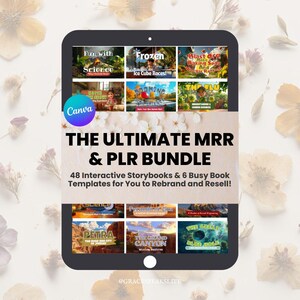 Puede incluir: Una tableta negra muestra portadas de libros de cuentos coloridas, incluyendo "Fun with Science" y "Frozen Ice Cube Races!". El texto "THE ULTIMATE MRR & PLR BUNDLE" anuncia 48 libros de cuentos interactivos y 6 plantillas de libros de actividades.