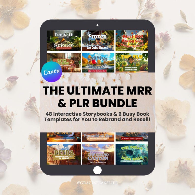 Puede incluir: Una tableta negra muestra portadas de libros de cuentos coloridas, incluyendo "Fun with Science" y "Frozen Ice Cube Races!". El texto "THE ULTIMATE MRR & PLR BUNDLE" anuncia 48 libros de cuentos interactivos y 6 plantillas de libros de actividades.