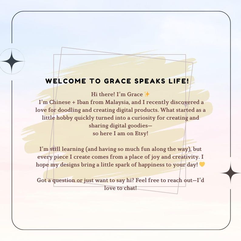 Puede incluir: Gr&aacute;fico digital con el texto "WELCOME TO GRACE SPEAKS LIFE!" y un mensaje personal de Grace, una creadora china + iban de Malasia, compartiendo su amor por el garabateo y los productos digitales en Etsy.