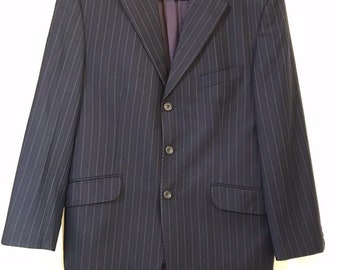 St Michael Suit Vintage 90s 2 Piece Navy Blue Pinstripe 100% Wool Size Medium