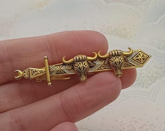 Toledo Damascene Tie Clip Vintage 70s Gold Tone Bull & Sword Pin 6cm Long