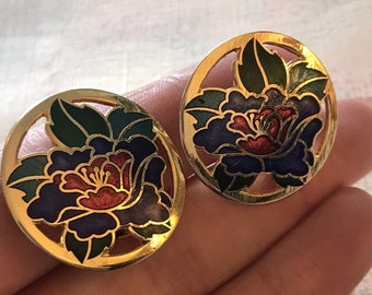 Pendientes Cloisonne Vintage Años 80 Redondo Trabajo Abierto Flor Azul Clip En 3cm