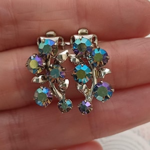 Vintage Clip On Earrings 1950s Silver Tone & Aurora Borealis Diamante 3cm