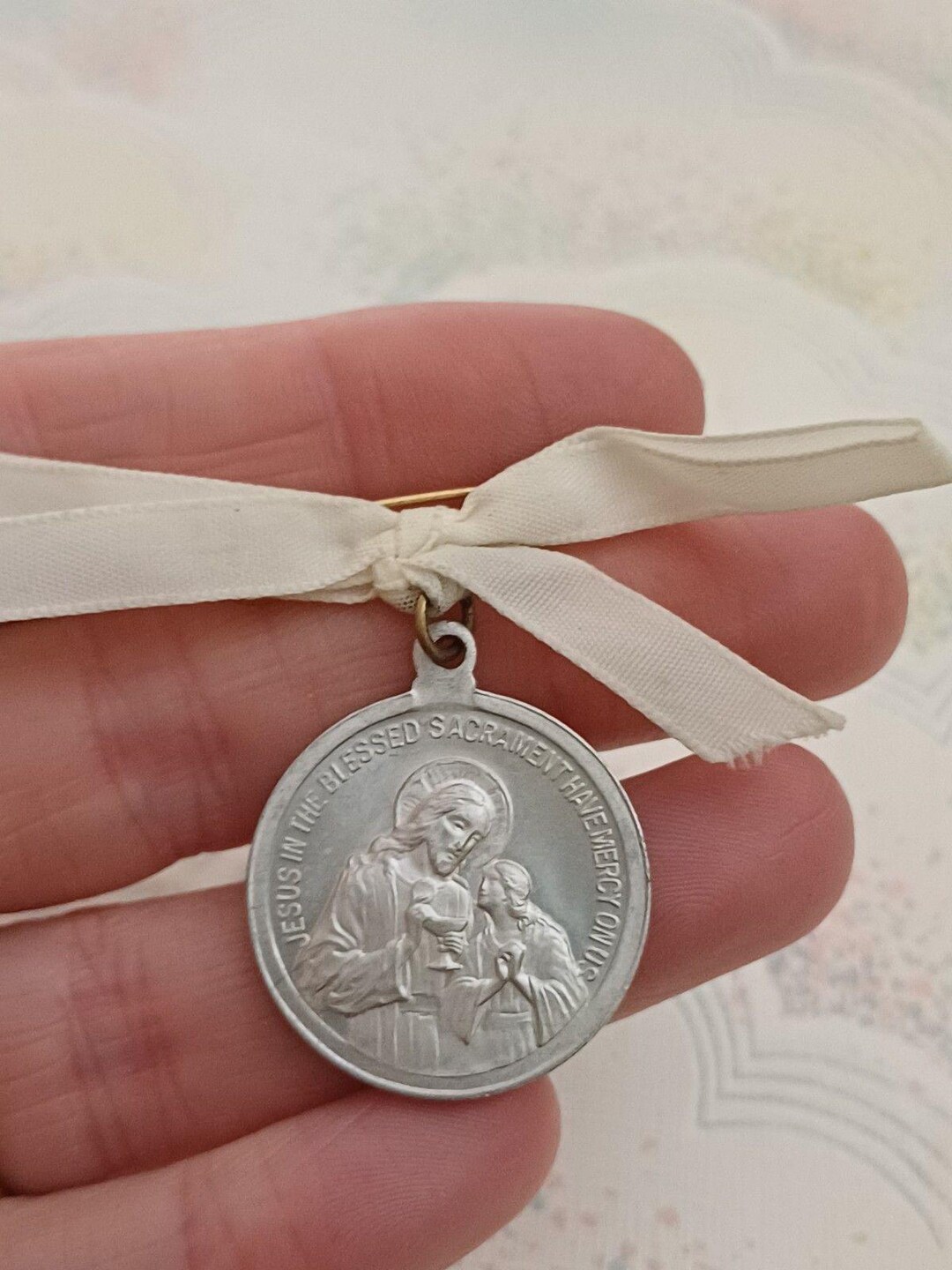 First Communion Brooch Vintage Pin Silver Tone Remembrance of First Holy Communion Brooch ...