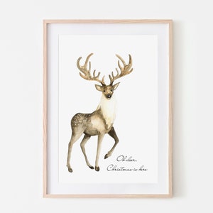 Christmas deer, Christmas printable, watercolor reindeer print, deer print, reindeer wall art, printable wall art