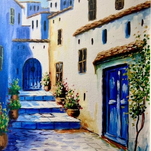 Framed Chefchaouen Oil Painting: Morocco Blue City Art (14x18 inches)