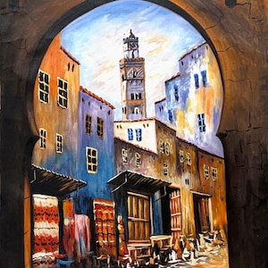 Casablanca Medina Oil Painting: Moroccan Souk Art (24x30 inches) UNFRAMED