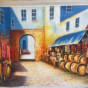 Casablanca Medina Oil Painting: Moroccan Souk Art, 25x30 (UNFRAMED)