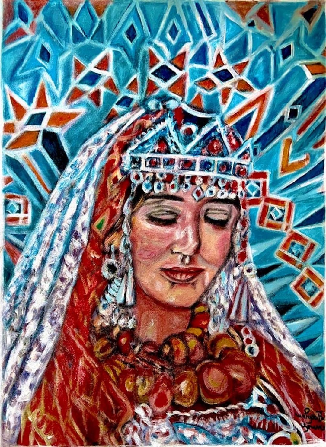 IMAZIGHEN 油絵アート Handmade Berber Woman Oil Painting: Moroccan Amazigh Portrait - Etsy