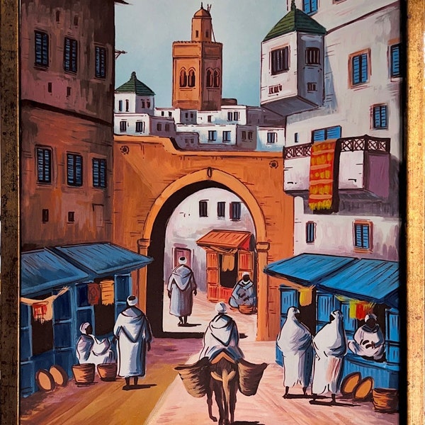 Peinture à l'huile originale encadrée Casablanca Maroc ancienne médina des Habouss, peinture faite main Marrakech Fes Maroc, encadrée prête à accrocher