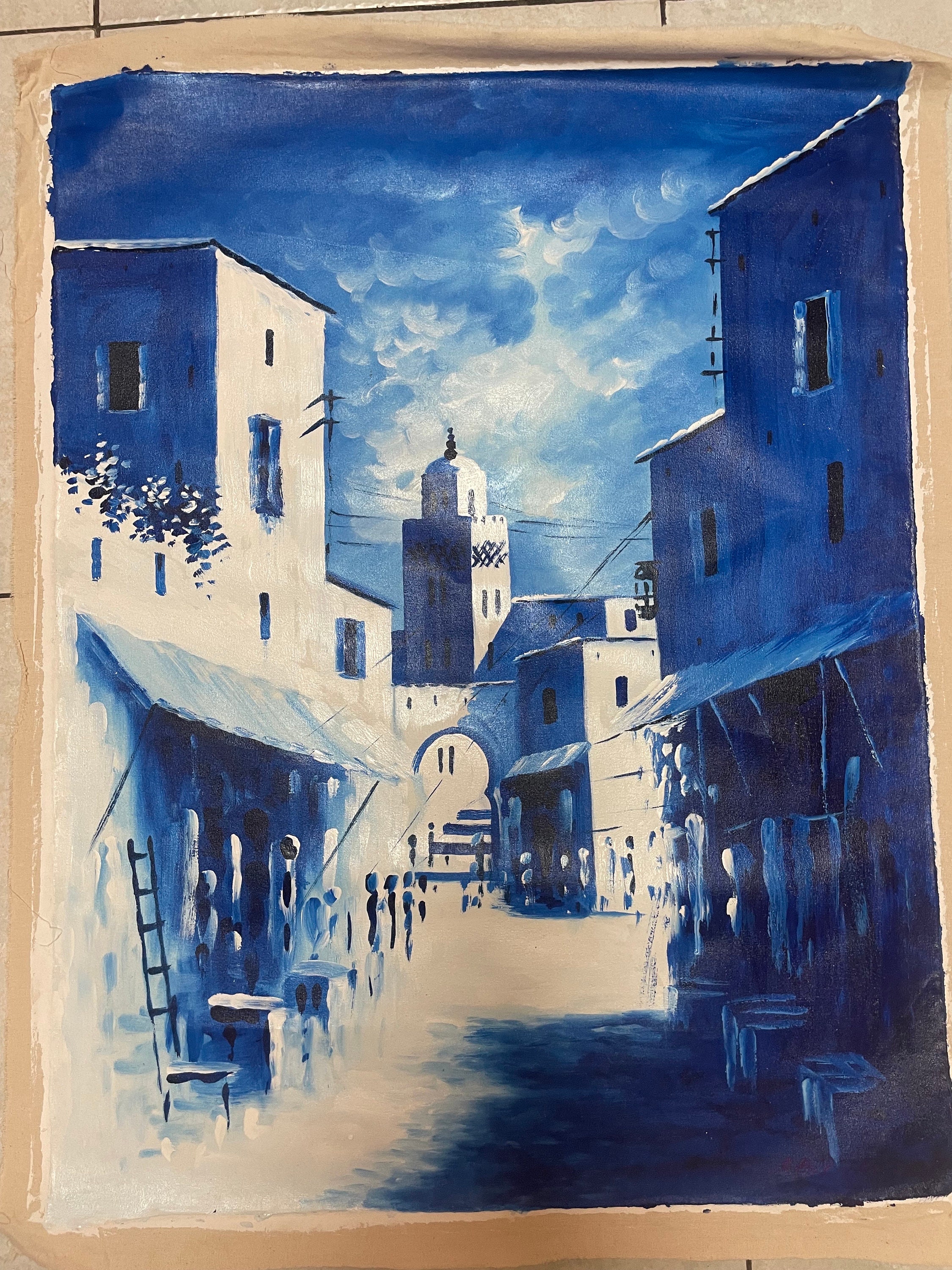 Chefchaouen Morocco Painting: Blue City Souk, Original Signed Oil