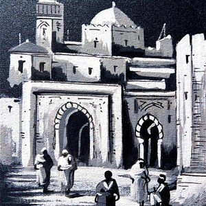 Framed Marrakech Medina Oil Painting: Moroccan Kasbah at Night