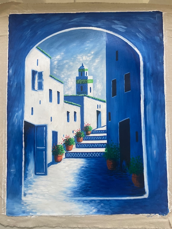 【F4号】good blue(spelling) 油絵 oil painting Chefchaouen Morocco Painting: Blue City Mosque Art (25x30 Inches
