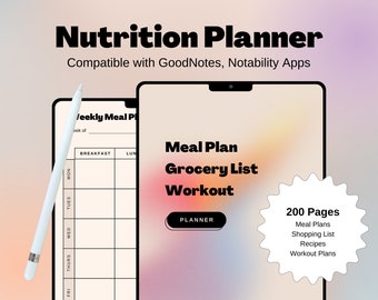 200 Seiten Digitaler Ernährungsplaner | Kompatibel mit GoodNotes, Notability | Speisepläne | Einkaufsliste | Rezepte | Trainingspläne