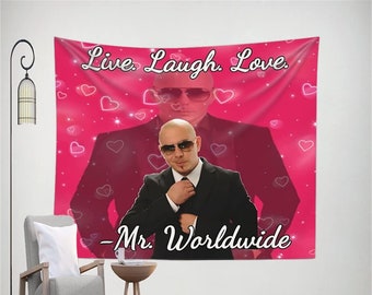 Mr Worldwide Tapestry Live Laugh Love TapestryFunny Meme 305 Wall Hanging Art for Bedroom Living Room College Dorm Party Backdrop
