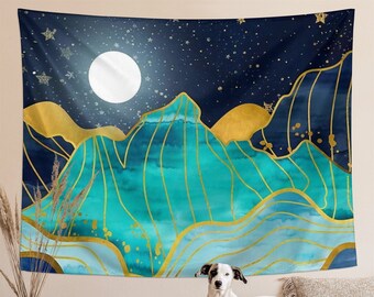 Tapisserie de Montagne Tenture Murale Paysage Forêt Lune Nuit Étoilée Tapisseries Nature Paysage Couverture Tapisserie pour Salon Chambre Dortoir