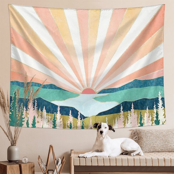 Vintage Sun Tapestry with Retro 70s Rainbow Sunrise and Sunset - Minimal Geometric Grunge Abstract Art Print for Hippie and Bohemian Decor