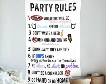 Party Rules Tapestry Meme Funny Tapestry Wall Hanging Art Poster for Living Room Party Decorations Birthday Banner