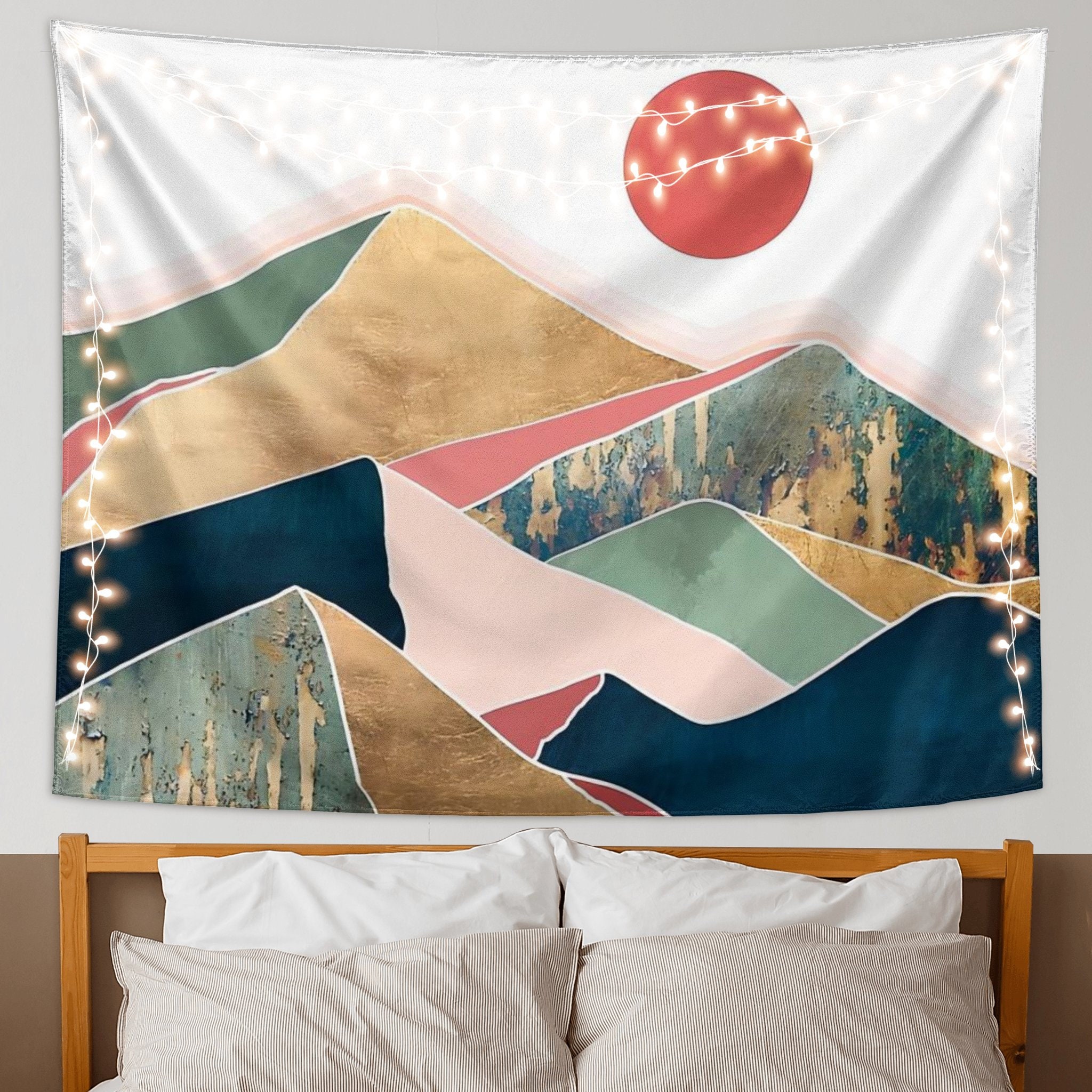 Mountain Sun Boho Tapestry, Simple Art Sunrise Nature Tapestry