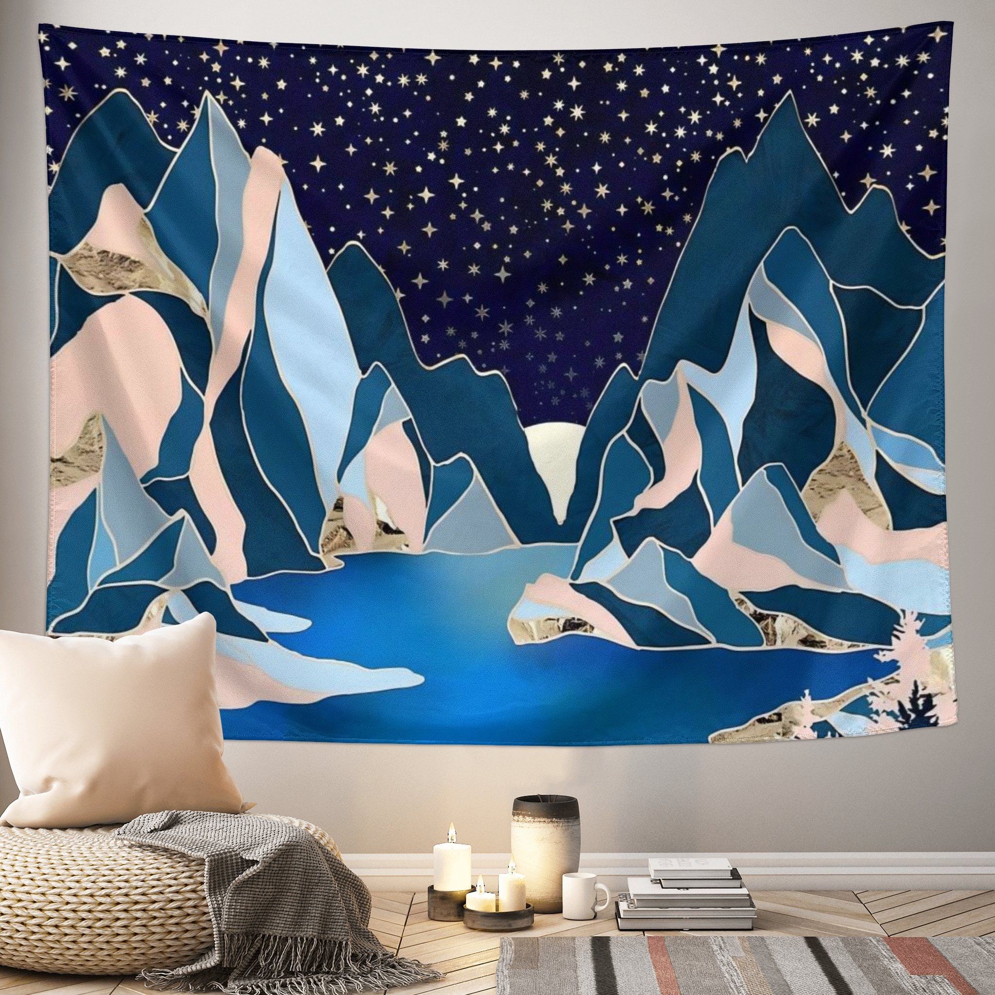 Mountain Tapestry Mountains and Starry Sky Decorative Wall Hanging  Nature Landscape Art