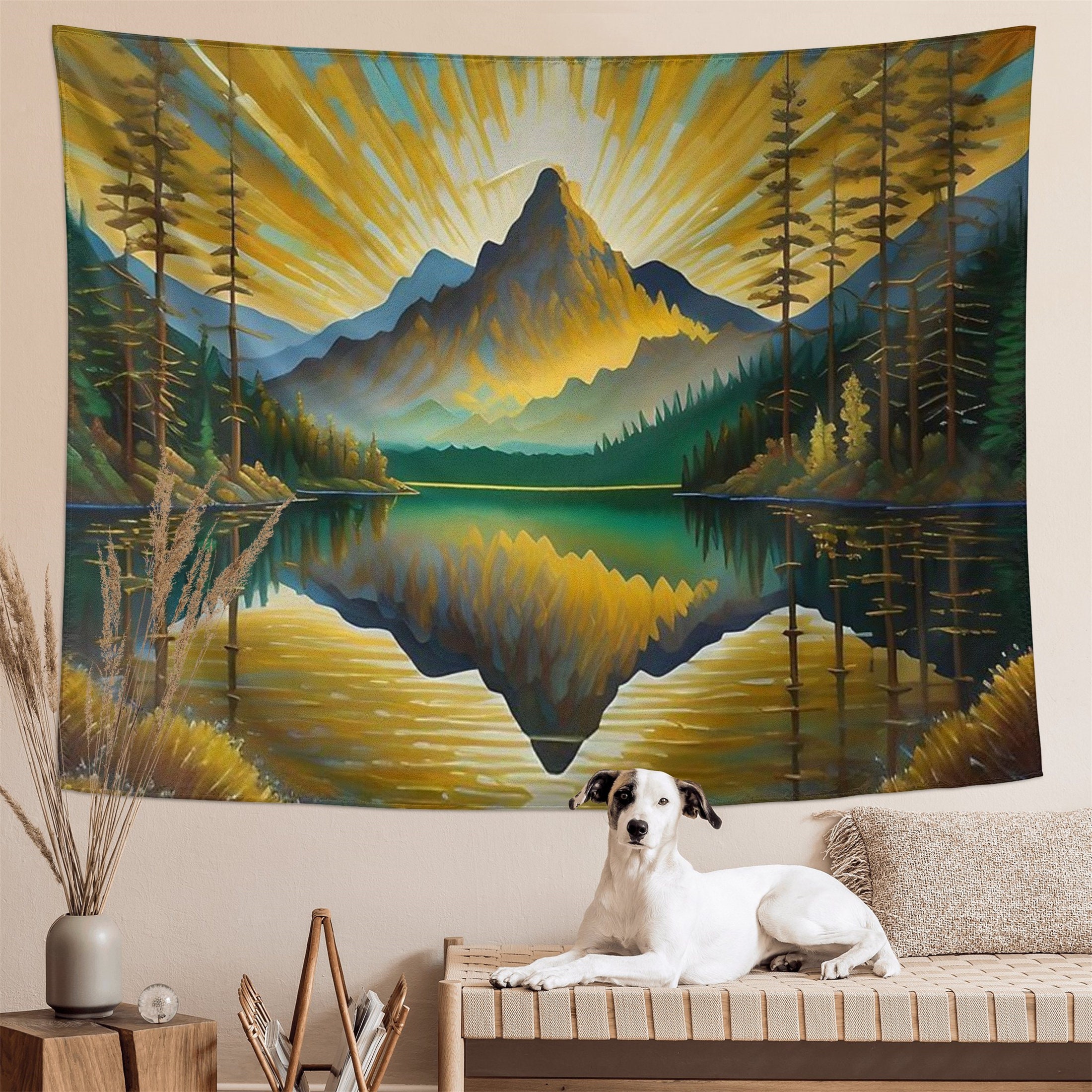 Landscape Sunset View of Lake Mountain Range Tapestry Forest Tree Tapestry