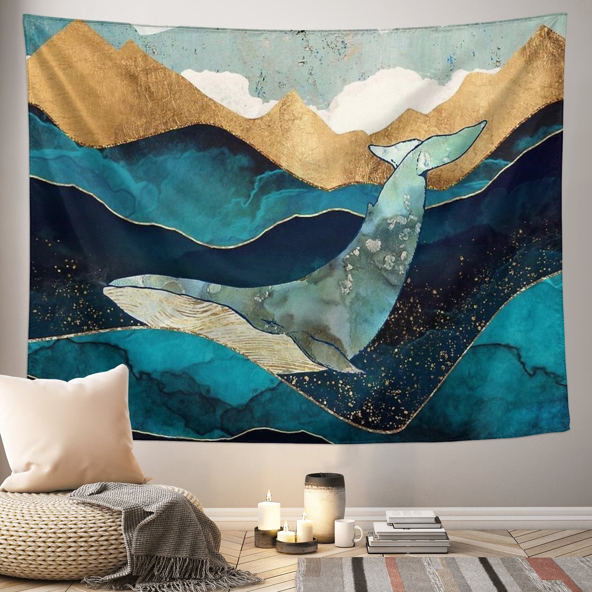 Blue Whale Tapestry Wall Hanging Ocean Waves Room Decor Wall Tapestry