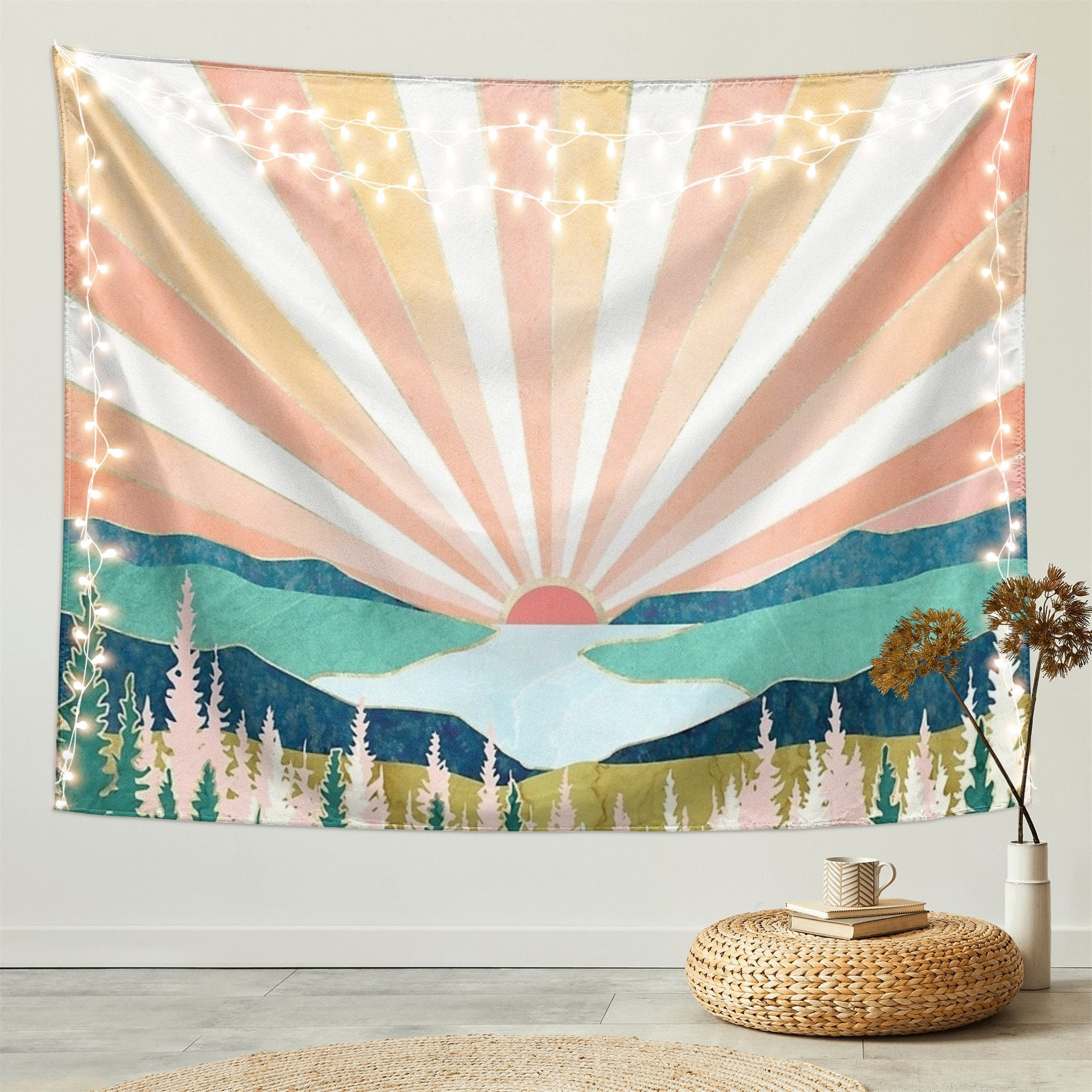 Vintage Sun Tapestry with Retro 70s Rainbow Sunrise and Sunset