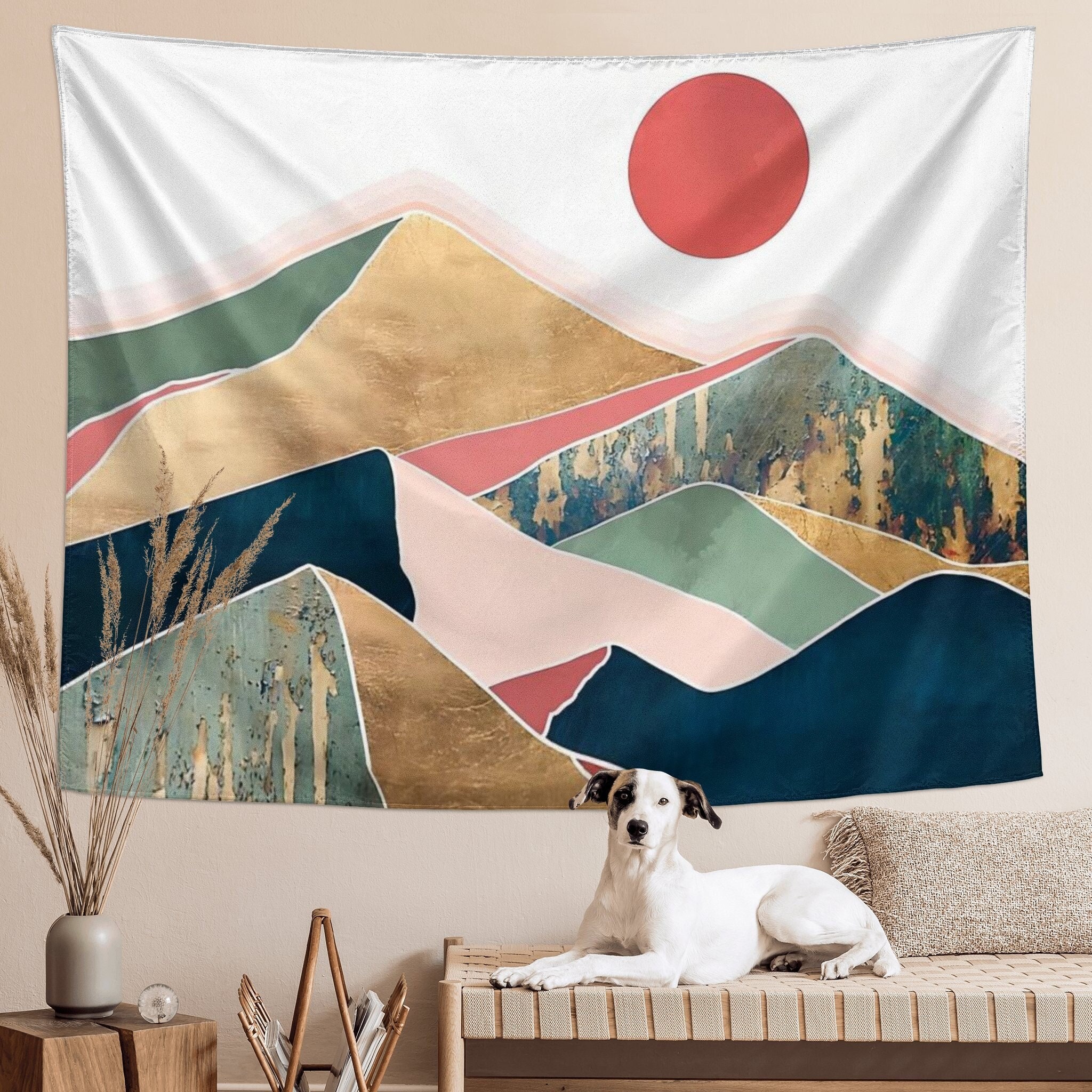 Mountain Sun Boho Tapestry, Simple Art Sunrise Nature Tapestry