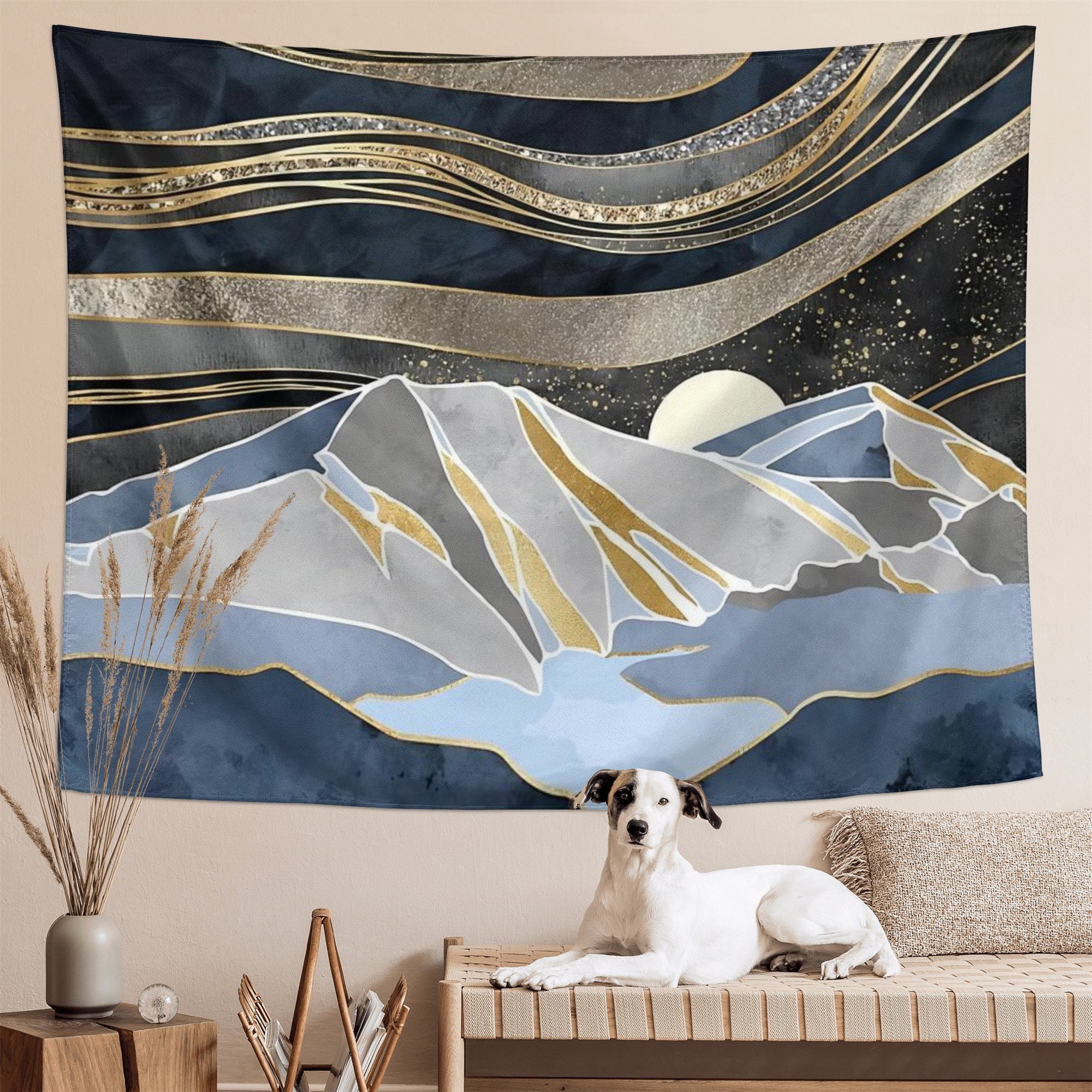 Boho Sun Mountains Tapestry - Gray Medieval Abstract Forest Wall Art