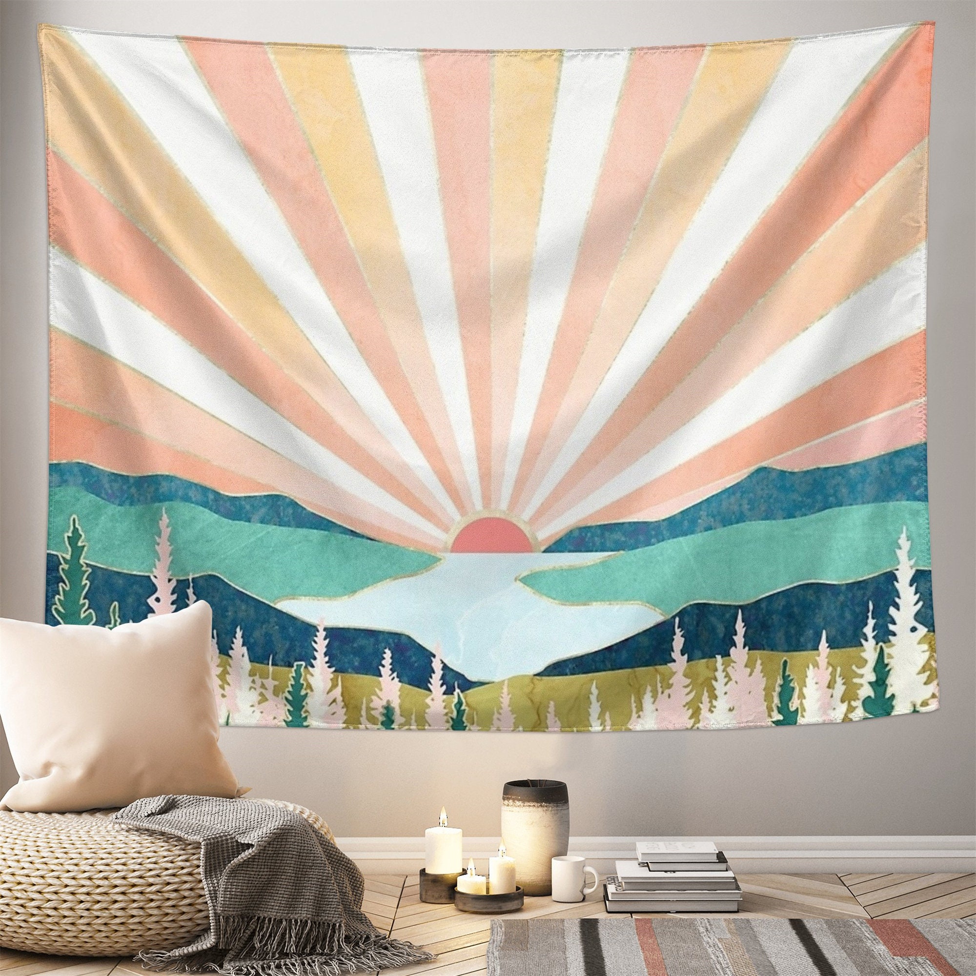 Vintage Sun Tapestry with Retro 70s Rainbow Sunrise and Sunset