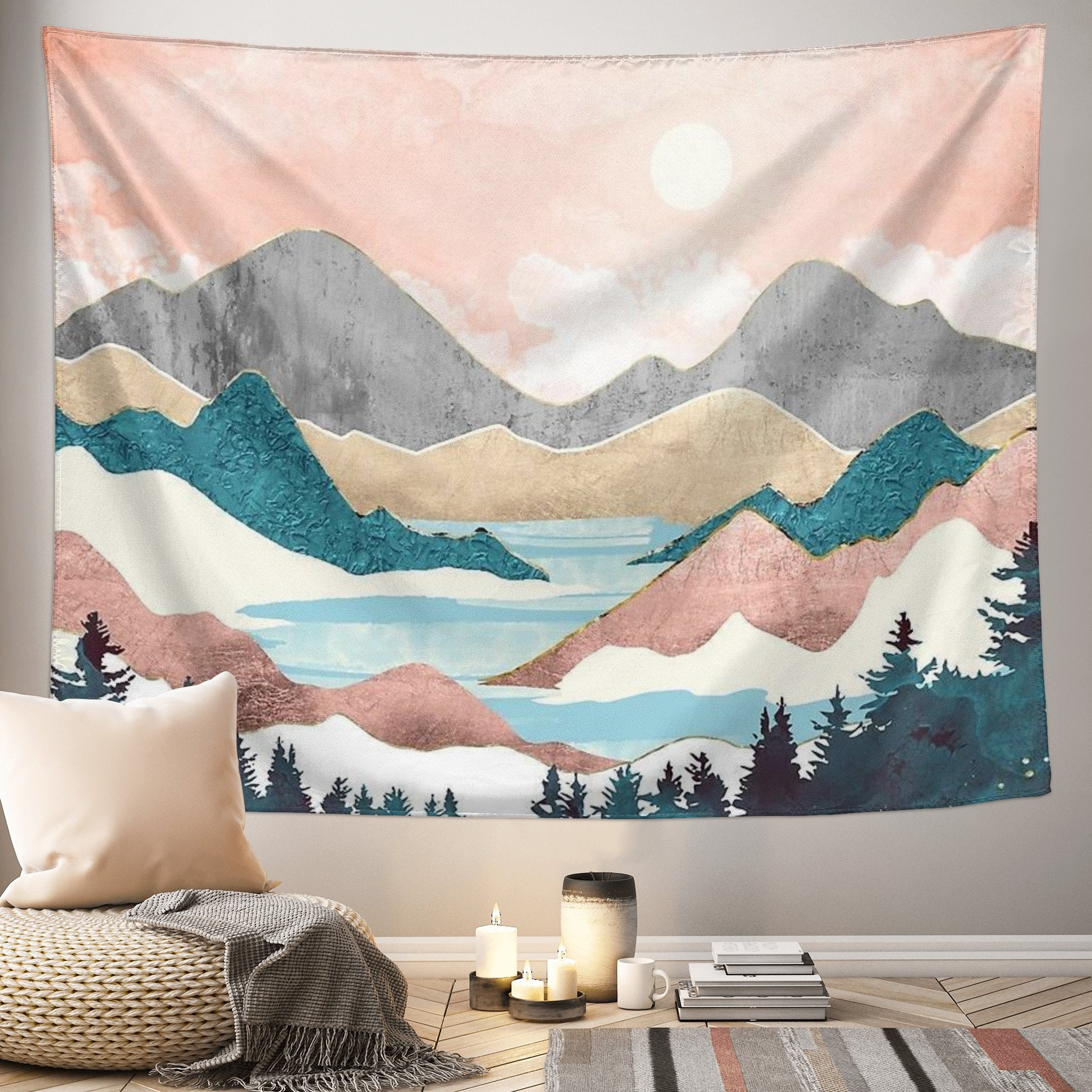 Mountain and Sunset Tapestry Wall Hanging Forest Trees Tapestry